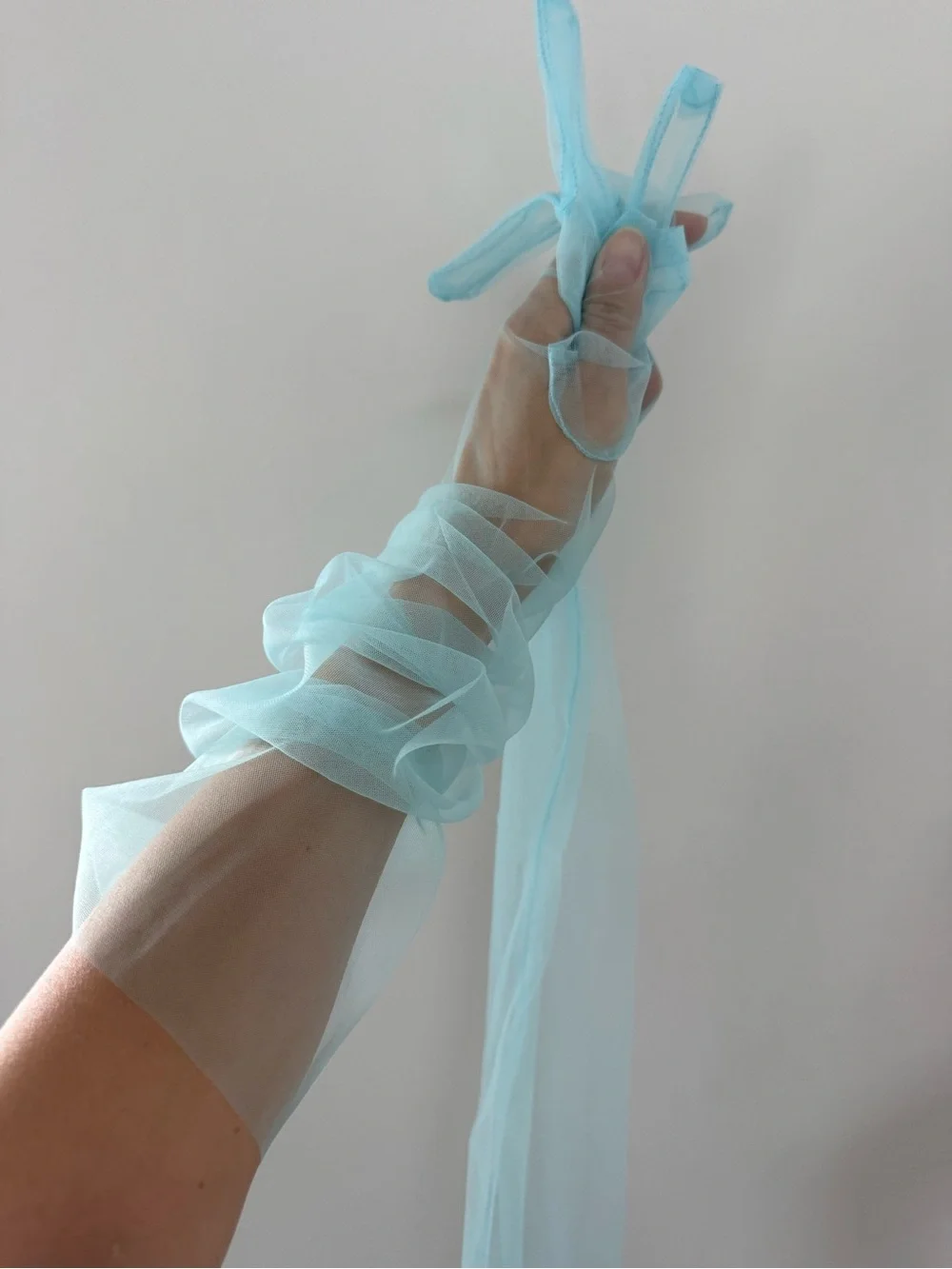 Sheer Light Blue Ruched Gloves